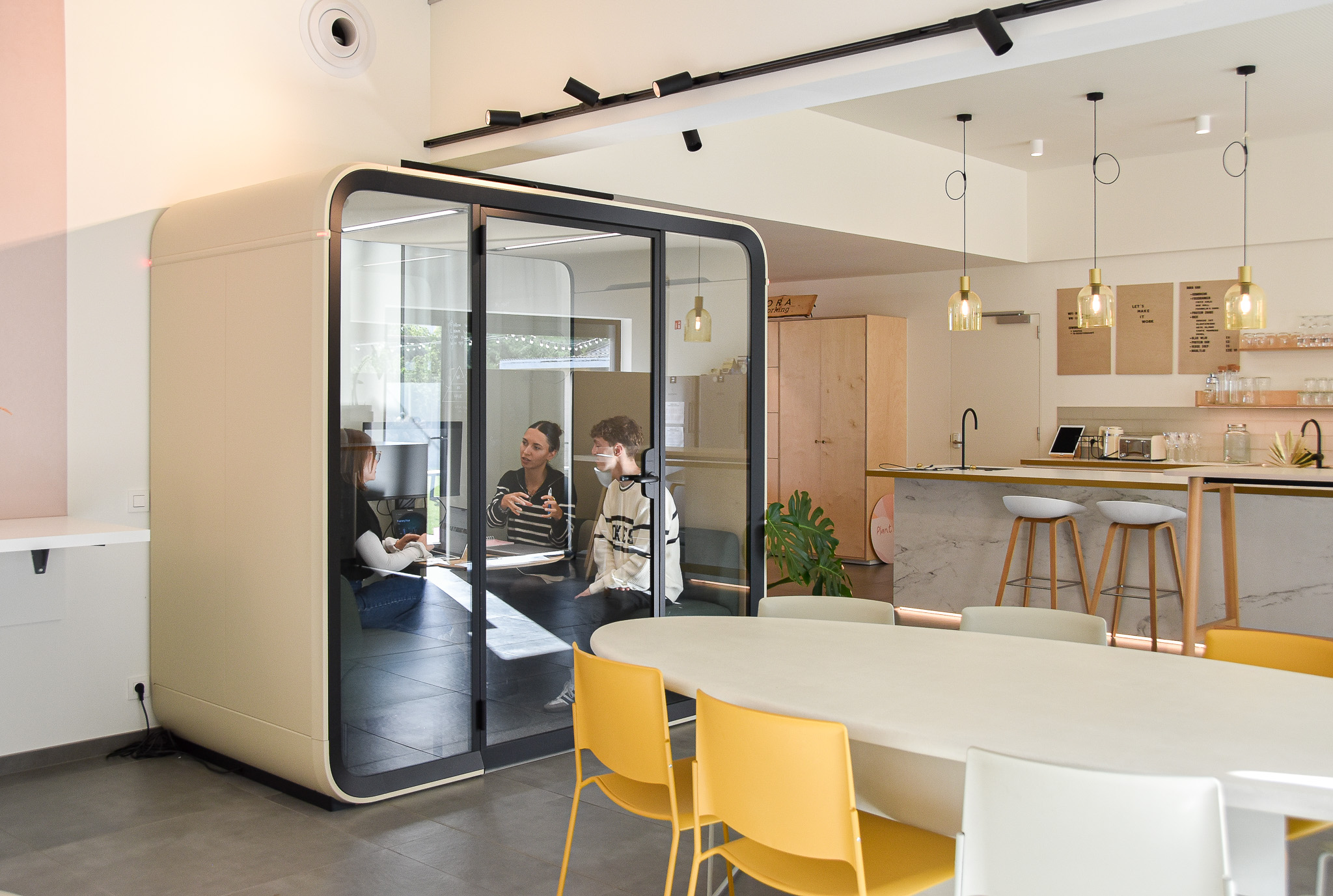 The Meeting Booth at BORA, a soundproofed pod next to the bar